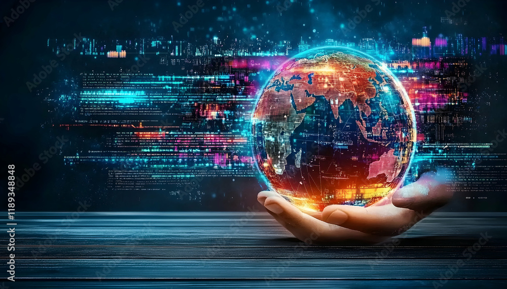 Obraz premium Global network connection, digital earth in hand, data streams background, website header
