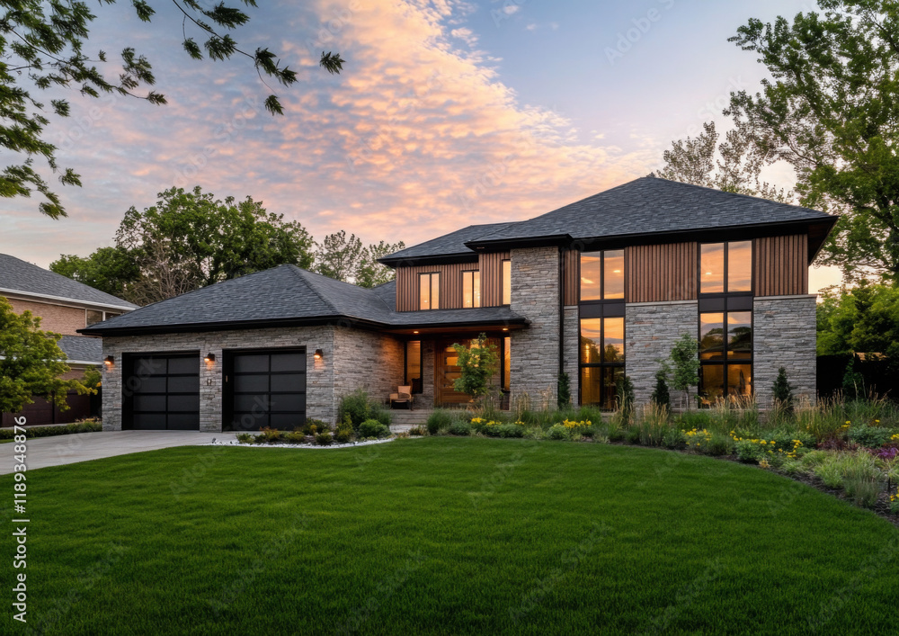 Luxury home during twilight golden hour with pink and purple sky and lush landscaping in Nebraska USA
Luxury home during twilight golden hour with pink and purple sky and lush landscaping in Nebraska USA