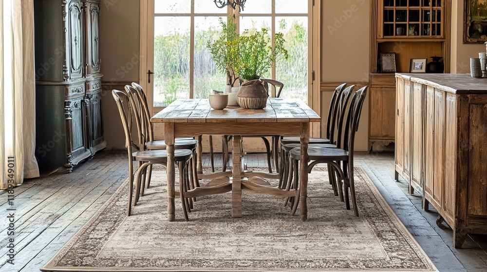 Fototapeta premium Rustic dining room with a large wooden table, surrounded by wooden chairs, and an antique rug. Natural light streams in through a large window, creating a warm and inviting atmosphere.