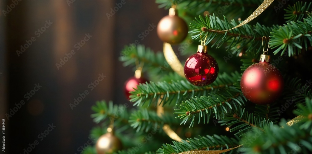 Obraz premium The branches of a fir tree are wrapped in golden ribbons and adorned with ornaments, golden ribbons, ornaments, Christmas decorations