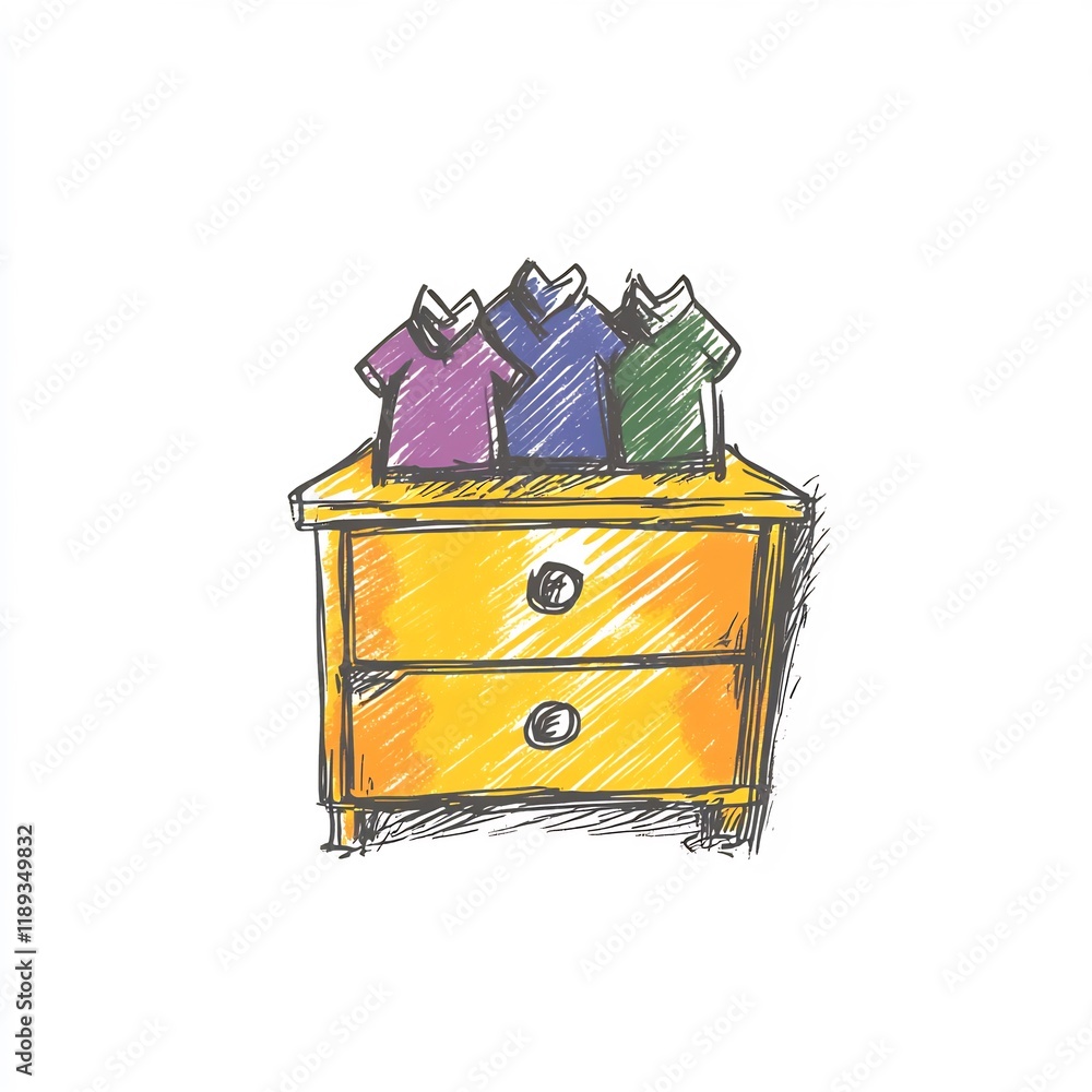 Hand-Drawn Sketch: Colorful T-Shirts Resting on a Charming Wooden Drawer. AI Generated Hand-Drawn Sketch: Colorful T-Shirts Resting on a Charming Wooden Drawer. AI Generated