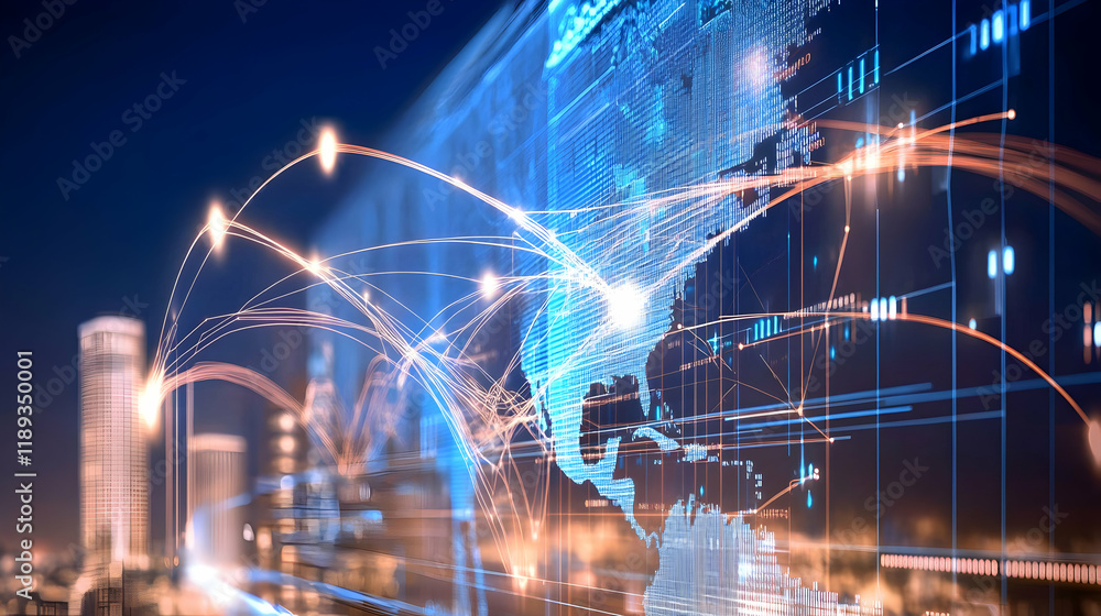 Global network connections, city skyline backdrop; illustrating digital communication and worldwide data flow for technology, business, and website use Global network connections, city skyline backdrop; illustrating digital communication and worldwide data flow for technology, business, and website use