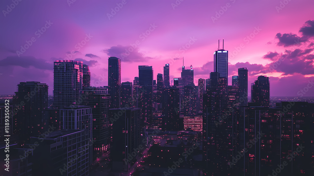 Fototapeta premium Urban skyline at dusk with purple pink skies and soft lights. Duskfall. Illustration