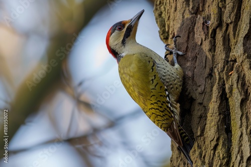 Male green woodpecker Picus erythrorhynchus perc pecks at a tree trunk in a serene forest during the early morning light, showcasing its vibrant plumage and distinctive red crown photo