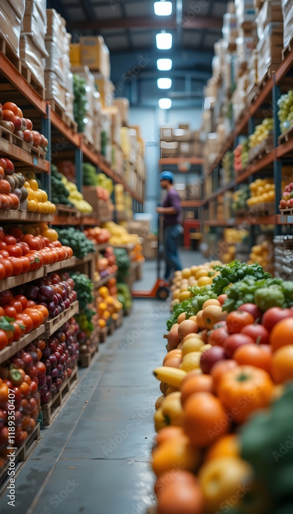 Fototapeta premium Warehouse with fresh fruits and vegetables, distribution