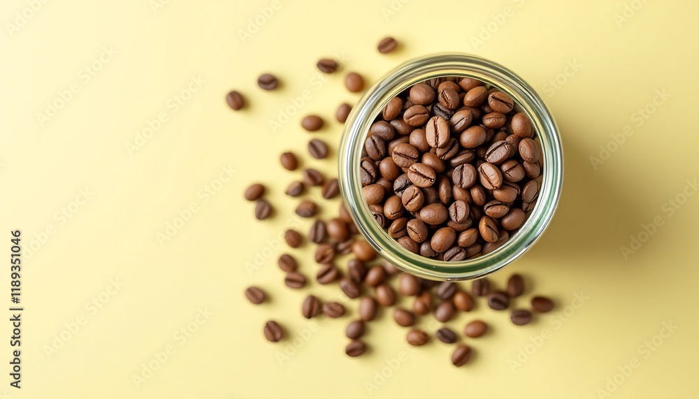 Roasted Coffee Beans in Glass Jar on Yellow Background - Top View Roasted Coffee Beans in Glass Jar on Yellow Background - Top View