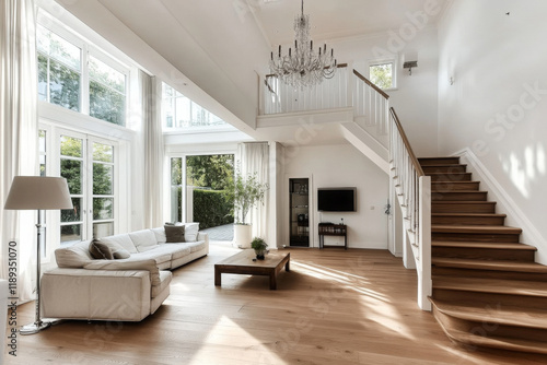 Cozy house interior with a wooden floor, large gray sofa, and stairs leading to the second floor 
 photo