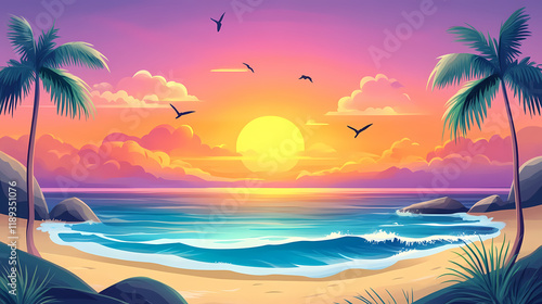 Vibrant sunset over tranquil ocean landscape. Duskfall. Illustration photo