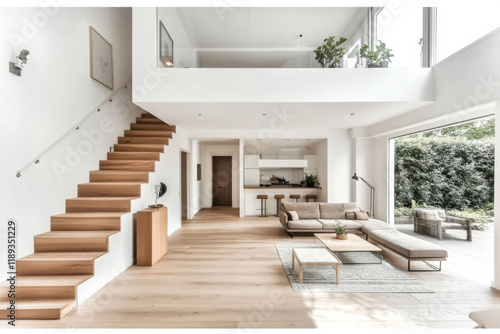 Cozy house interior with a wooden floor, large gray sofa, and stairs leading to the second floor 
 photo