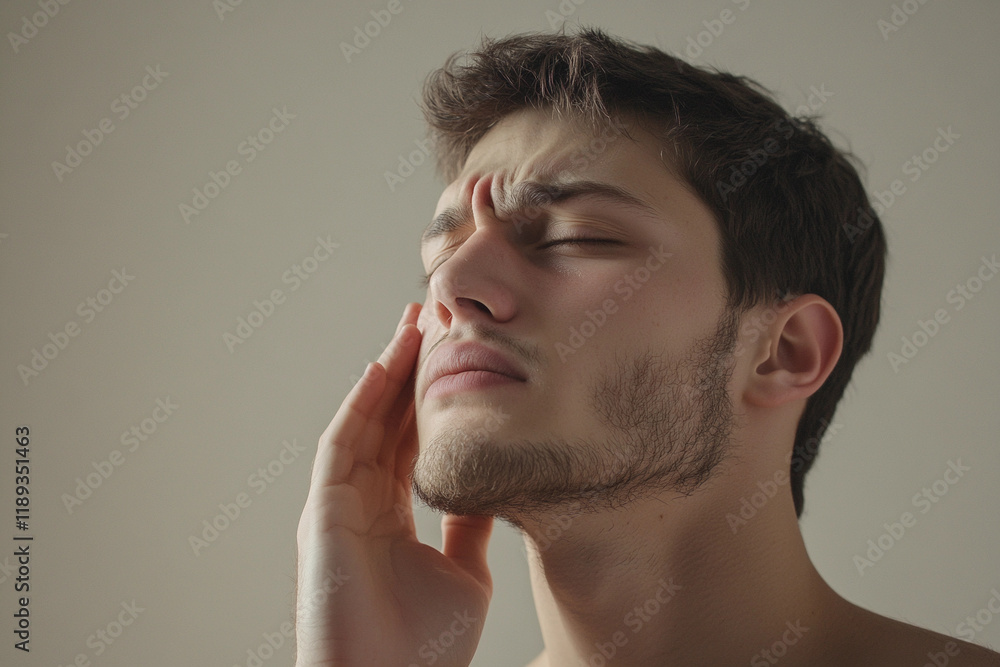 Young man experiencing facial discomfort while touching his cheek in a neutral setting Young man experiencing facial discomfort while touching his cheek in a neutral setting