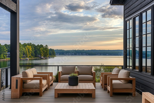 Fototapeta Naklejka Na Ścianę i Meble -  Wooden house with terrace over lake 
