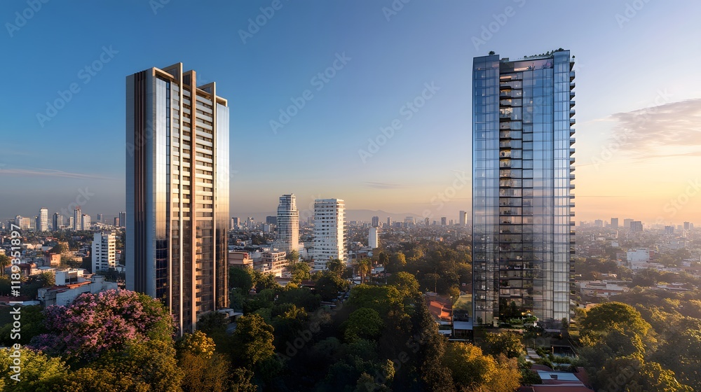 Obraz premium Modern Skyscrapers Rise Above City Skyline At Sunset
