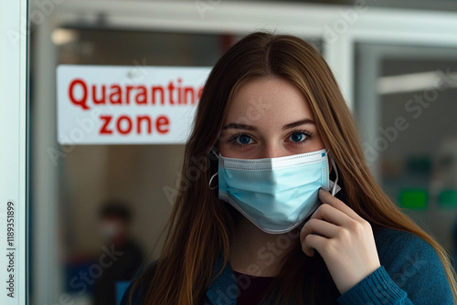 Young woman wearing a mask in a quarantining area of a medical facility during a health crisis photo