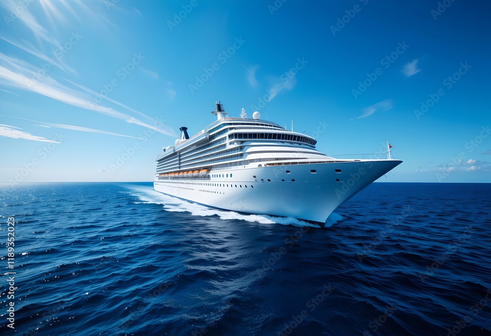 Cruise Ship Sailing on a Blue Ocean Under a Clear Sky Cruise Ship Sailing on a Blue Ocean Under a Clear Sky