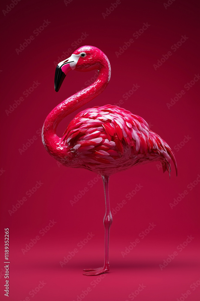 Fototapeta premium Pink flamingo stands elegantly against a vibrant red background showcasing its unique feathers and posture