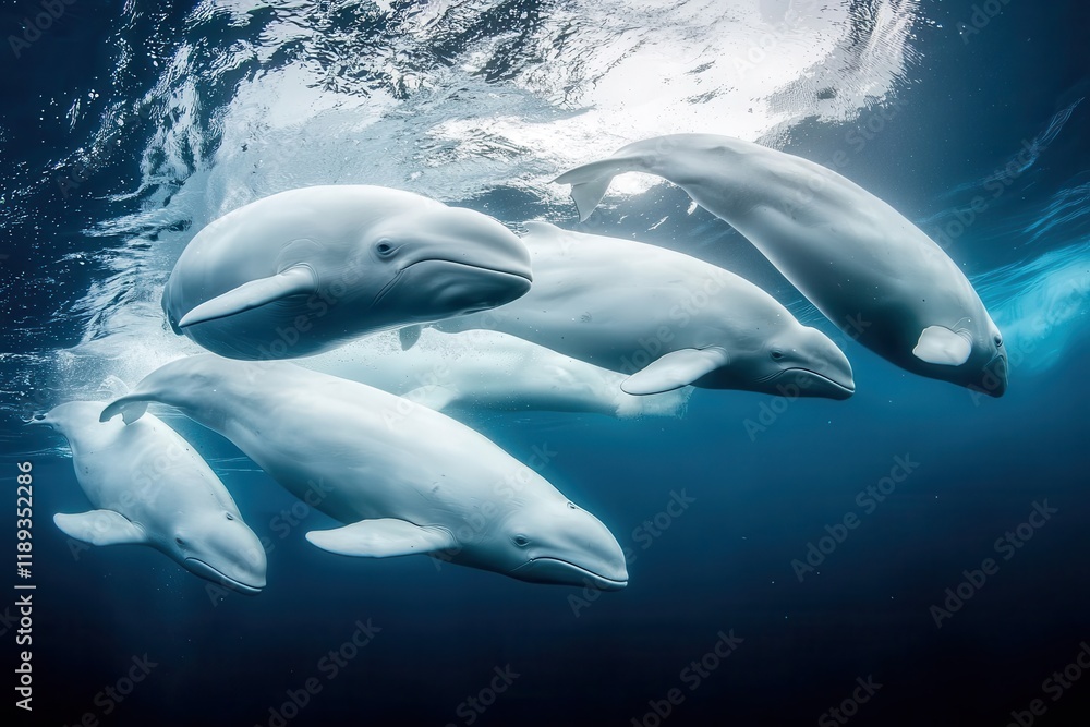 Naklejka premium A pod of beluga whales swimming gracefully beneath the icy surface of the Arctic Ocean