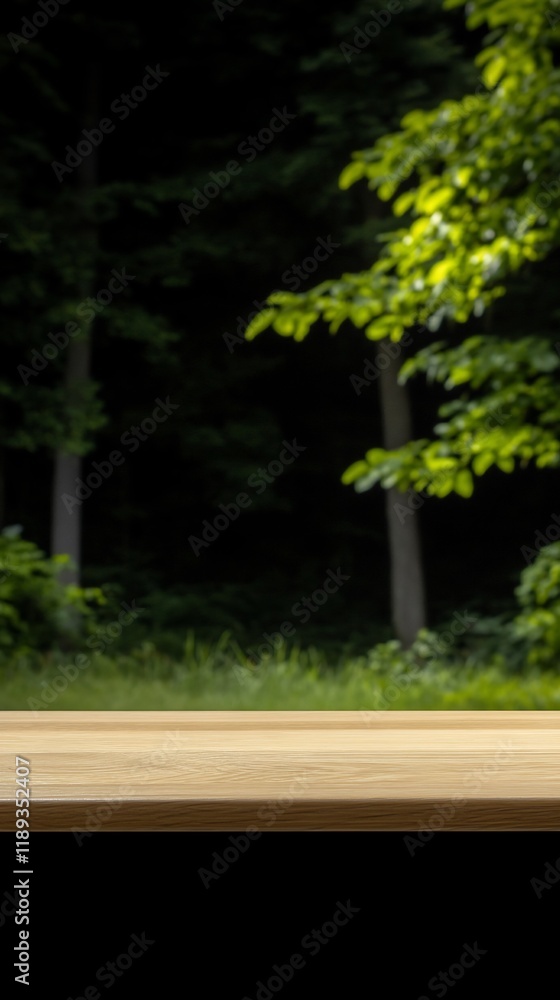 Wooden Tabletop Gently Lit Forest Background. AI Generated Wooden Tabletop Gently Lit Forest Background. AI Generated