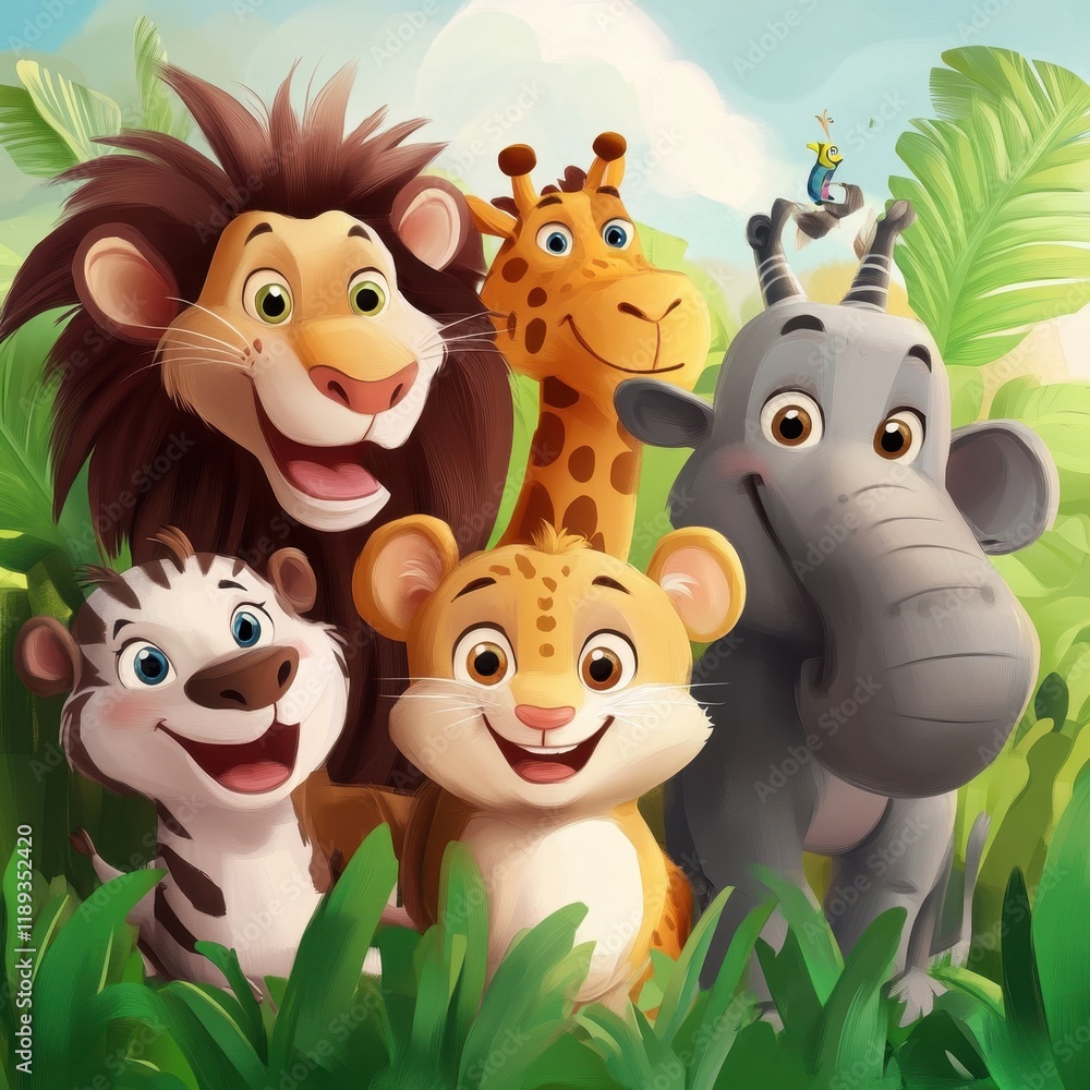 Naklejka premium Happy African Animals Posing Together In Lush Green Foliage