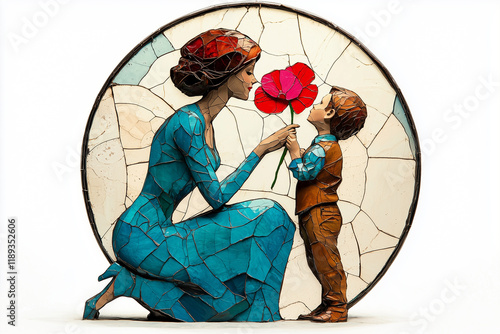 Mother and child exchange a moment of love with a flower in stunning glass artistry showcasing exquisite colors and textures
