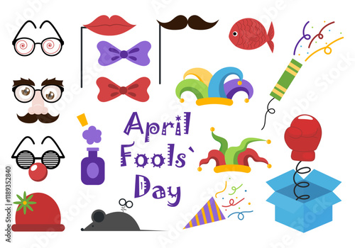 Set of props for April Fools' Day. Festive elements isolated on white background. Vector illustration
