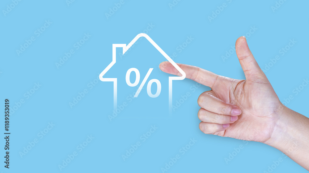 Real estate property investment concept, Asset management, Interest rates, inflation, loan mortgage, increase tax. Hand holding house icon with percent. Real estate property investment concept, Asset management, Interest rates, inflation, loan mortgage, increase tax. Hand holding house icon with percent.