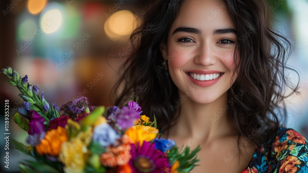 Naklejka premium Close-up portrait of a confident woman smiling, holding a colorful floral arrangement, wearing a designer dress, celebrating women's achievements on International Women's Day, bokeh background.
