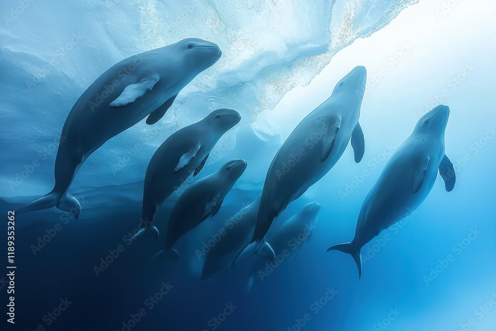 A pod of beluga whales swimming gracefully beneath the icy surface of the Arctic Ocean A pod of beluga whales swimming gracefully beneath the icy surface of the Arctic Ocean