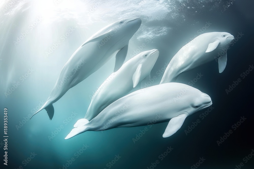 Fototapeta premium A pod of beluga whales swimming gracefully beneath the icy surface of the Arctic Ocean