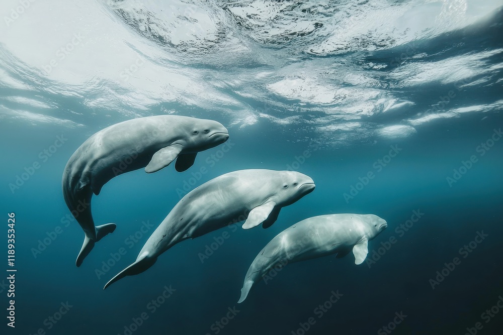 Obraz premium A pod of beluga whales swimming gracefully beneath the icy surface of the Arctic Ocean