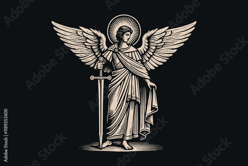 Vintage black and white engraving of Archangel Michael with a sword	