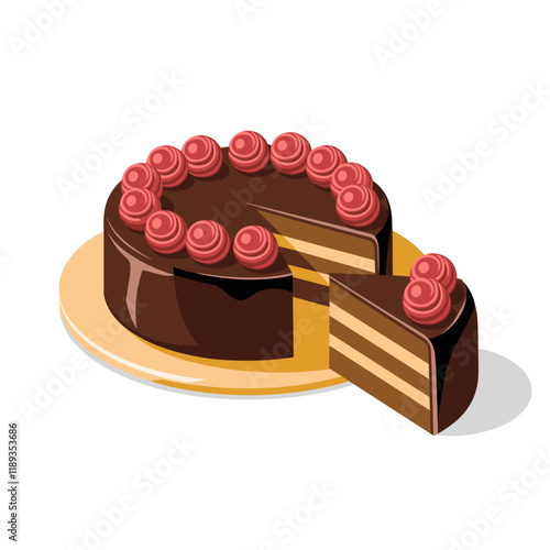 Chocolate Cake with Pink Frosting Decorations and Slice