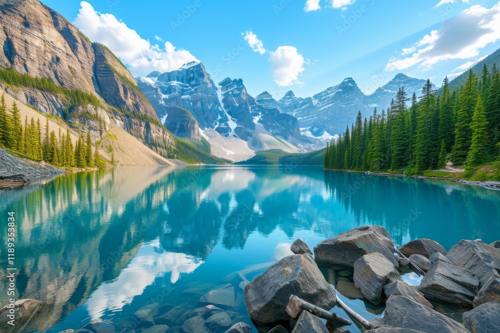 Fototapeta premium Breathtaking panorama of Moraine Lake in Banff National Park Alberta showcasing stunning reflections and vibrant nature on a sunny day