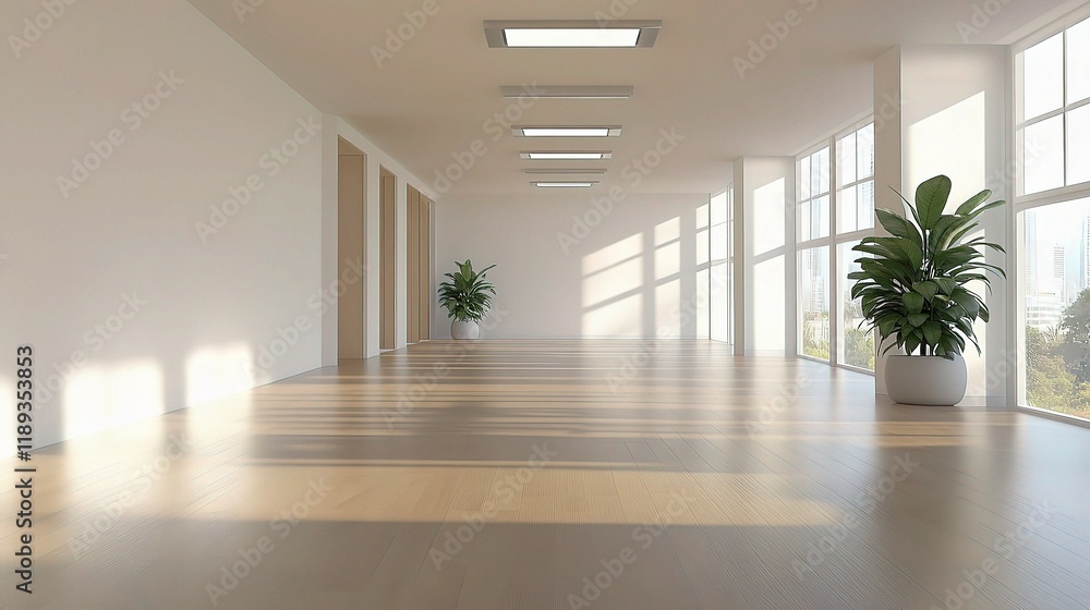 Sunlit Modern Office Corridor: A bright and airy office corridor bathed in warm sunlight, featuring sleek hardwood floors, minimalist white walls, and large windows offering a view of the cityscape. Sunlit Modern Office Corridor: A bright and airy office corridor bathed in warm sunlight, featuring sleek hardwood floors, minimalist white walls, and large windows offering a view of the cityscape.
