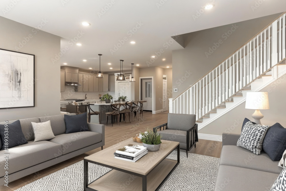 Fototapeta premium Living room and kitchen interior in new home with open concept floor plan. Kitchen features large island, hardwood floors, and stainless steel appliances. Living room is furnished