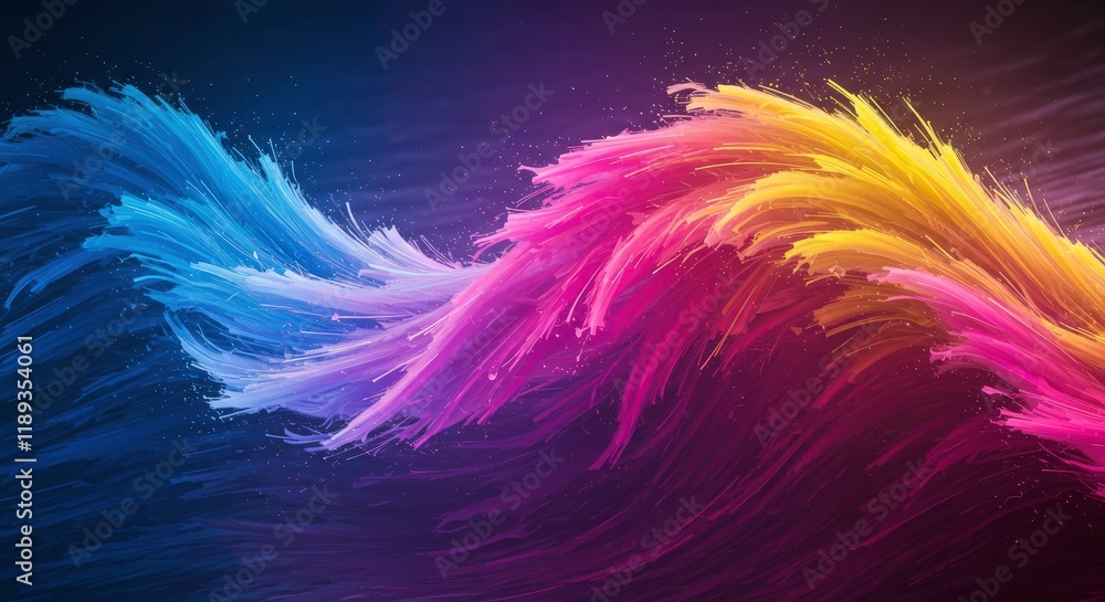 Obraz premium Abstract Colorful Feathers: A vibrant digital art piece depicting swirling, dynamic feathers in shades of blue, pink, and yellow, creating a sense of movement and energy. 