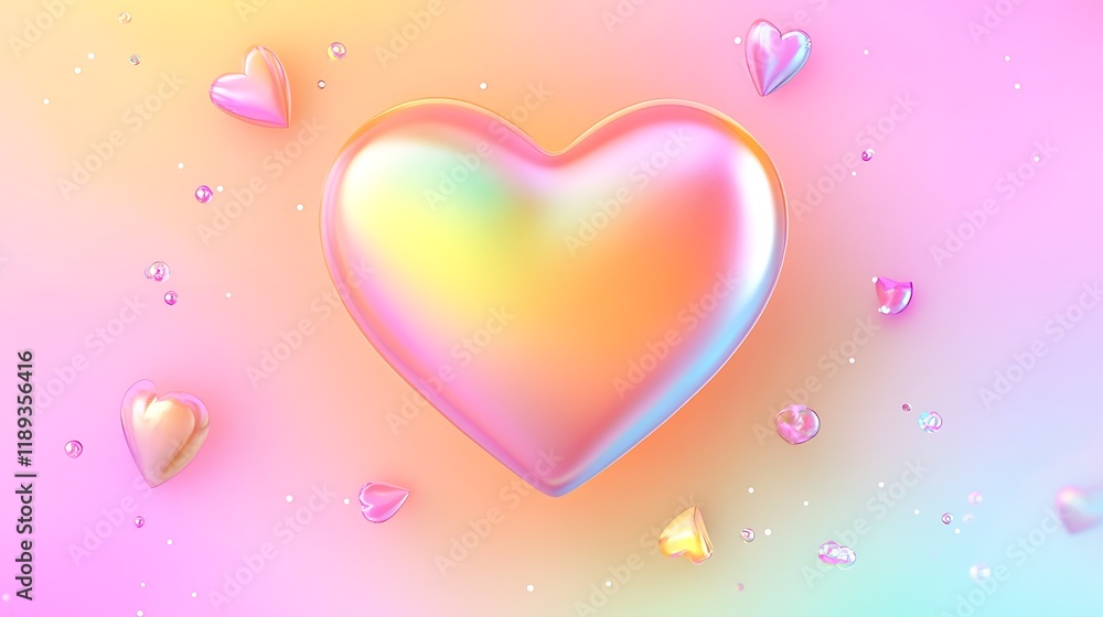 Iridescent Hearts Floating on Pastel Background Iridescent Hearts Floating on Pastel Background