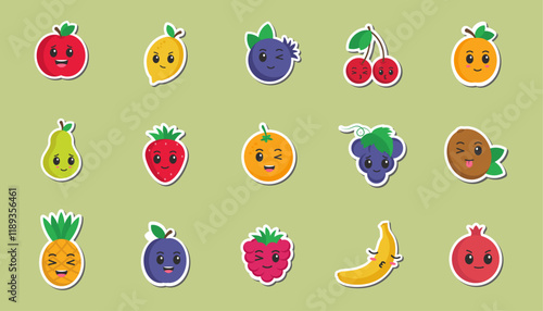 Flat design fruits. Vector illustrations on green background. Stickers. Icons. Emoji