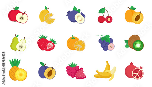 Flat design fruits. Vector illustrations on white background. Icons 