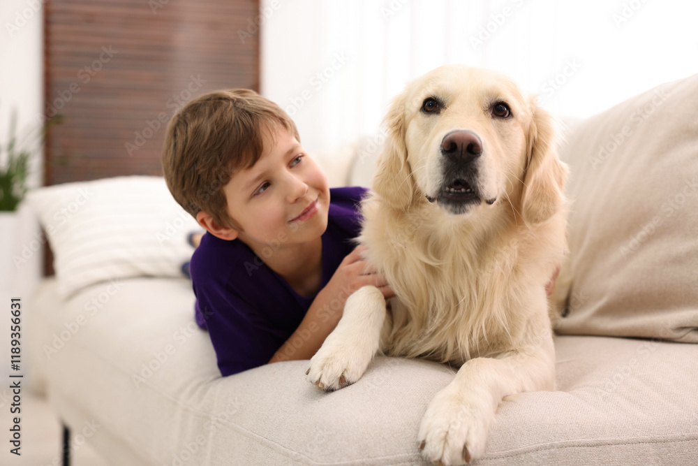 Boy with his cute dog on sofa at home Boy with his cute dog on sofa at home