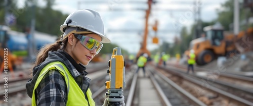 Female Construction Worker Using Surveying Equipment at Railroad Site
