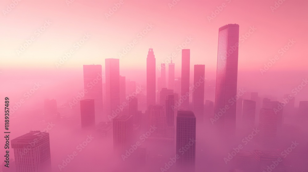 Aerial view of a city skyline shrouded in pink morning mist. Skyscrapers and buildings are barely visible through the hazy atmosphere. Aerial view of a city skyline shrouded in pink morning mist. Skyscrapers and buildings are barely visible through the hazy atmosphere.