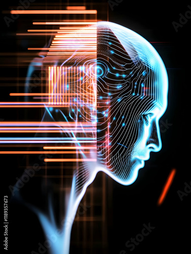 Human mind merging with digital data streams; futuristic technology concept; ideal for tech, AI, and neuroscience websites photo