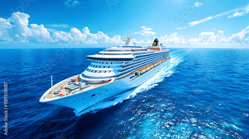 Cruise Ship Sailing on Ocean Under Bright Sunlight and Blue Sky