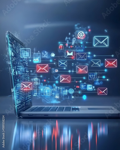 Wallpaper Mural Laptop displaying emails, digital communication, fast internet, glowing icons, dark background, for technology websites Torontodigital.ca