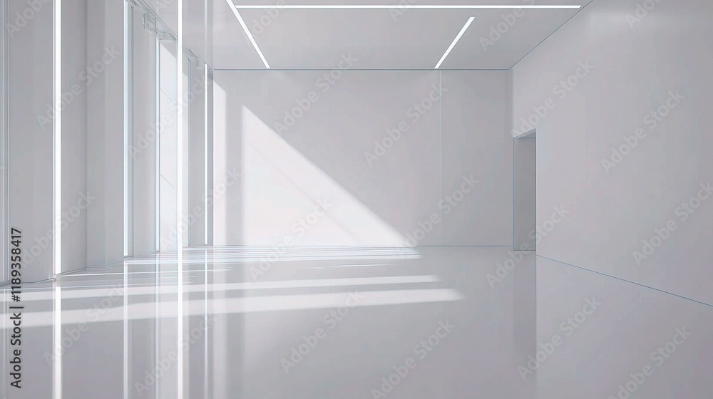 Obraz premium Minimalist Interior Design: A spacious modern room with white walls and floors, large windows casting rays of sunlight. The sleek lines and clean aesthetic create an airy and serene ambiance.