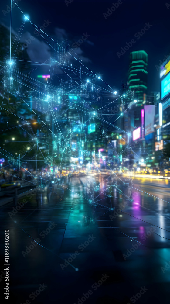 Obraz premium Night city cityscape, digital network connections, traffic, blurred background, website banner