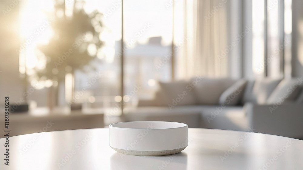 Minimalist White Tabletop Product Display in Bright Interior Setting Minimalist White Tabletop Product Display in Bright Interior Setting