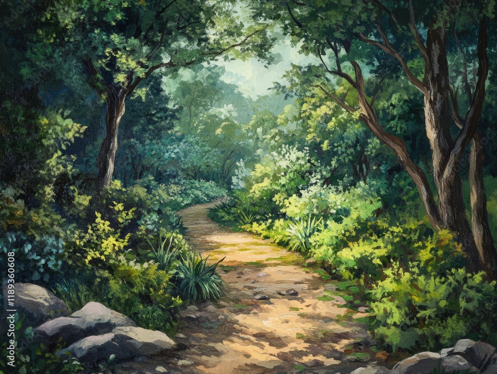 Obraz premium a winding path through a lush green forest