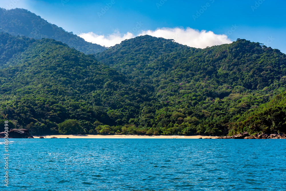 Arrives by boat at Indaiauba beach on the island of Ilhabela surrounded by mountains and forests Arrives by boat at Indaiauba beach on the island of Ilhabela surrounded by mountains and forests