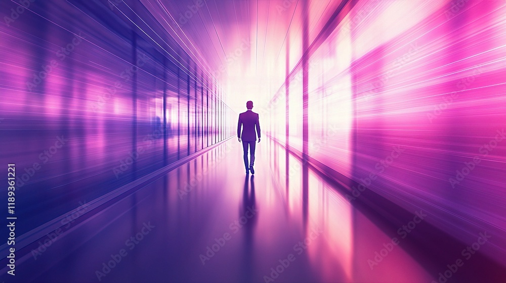 Silhouette of a Man Walking in a Neon Hallway: A solitary figure strolls down a shimmering hallway, bathed in vibrant neon hues. The man's silhouette fades into the bright, abstract lights. Silhouette of a Man Walking in a Neon Hallway: A solitary figure strolls down a shimmering hallway, bathed in vibrant neon hues. The man's silhouette fades into the bright, abstract lights.